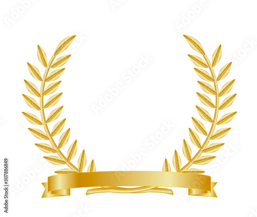 Golden laurel brench ,wreath  with golden tape. Vector editable illustration. Use for your design as well as in finished form. Can be used for your design.