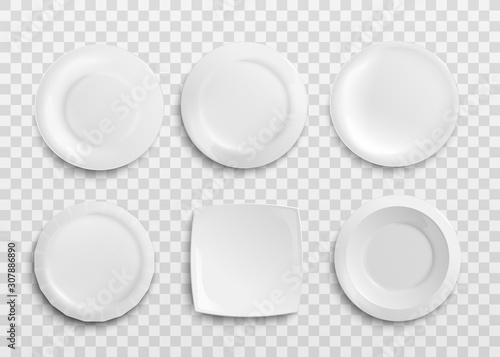 White blank plates in shapes set realistic vector mockup illustration isolated.