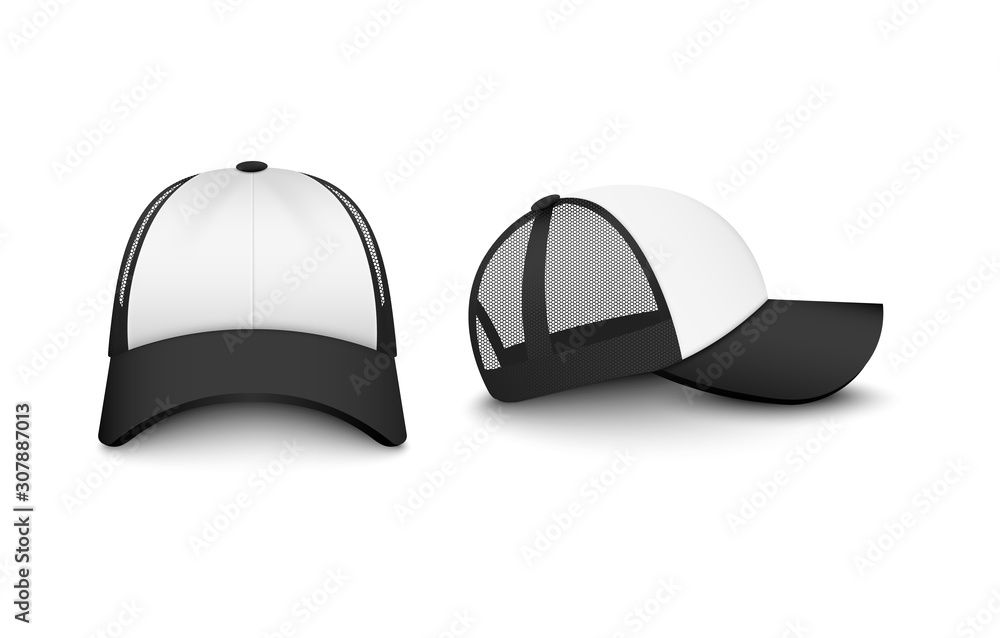 Trucker white cap with black visor mockup realistic vector illustration isolated. Trucker white cap with black visor mockup realistic vector illustration isolated.