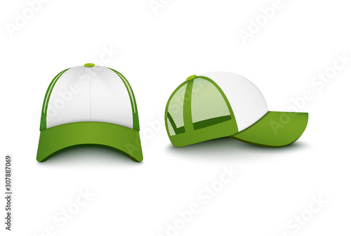 Trucker white cap with visor front and back mockup vector illustration isolated.