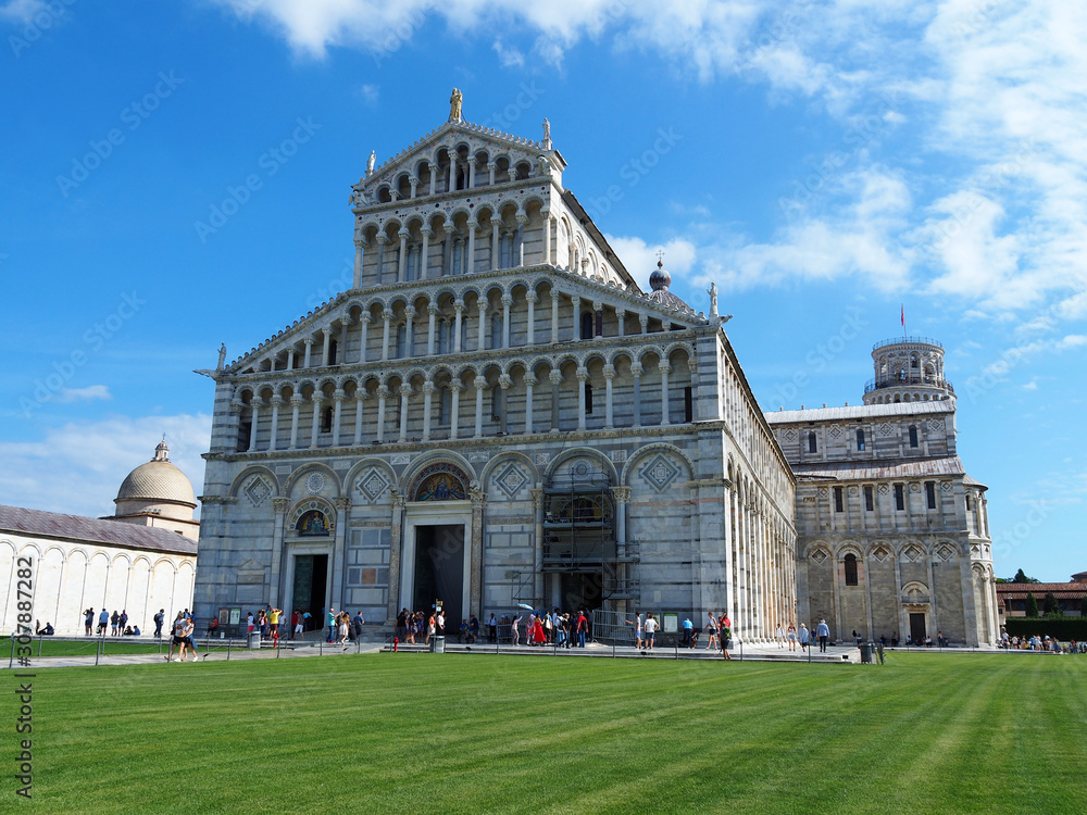 View of the Pisa Cathedral (Duomo di Pisa) in Pisa, Italy. It is located in Miracoli Square (Piazza dei Miracoli).
