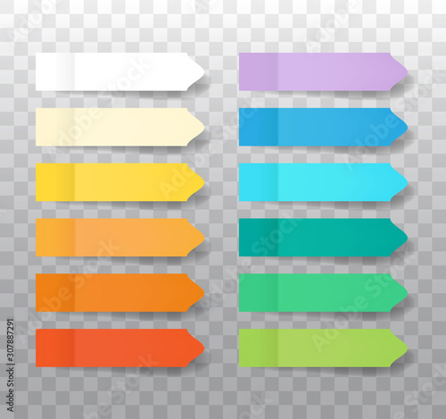 Post note stickers mock up isolated on transparent background. Set of realistic color paper bookmarks. Paper adhesive tape with shadow.	