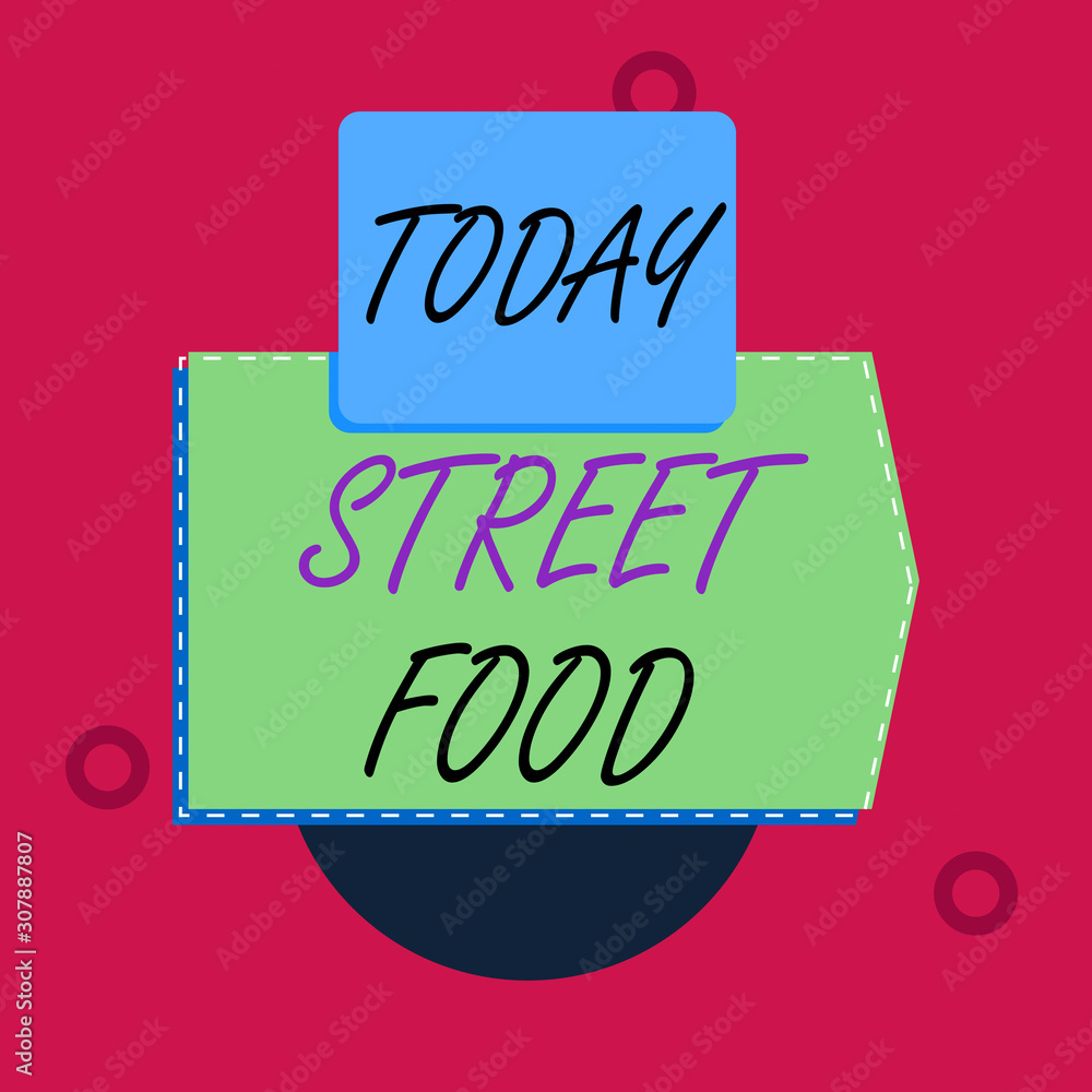 Text sign showing Street Food. Business photo text cooked food sold by vendors in a street or other public location Blank banner rectangle square above semicircle down Geometrical background