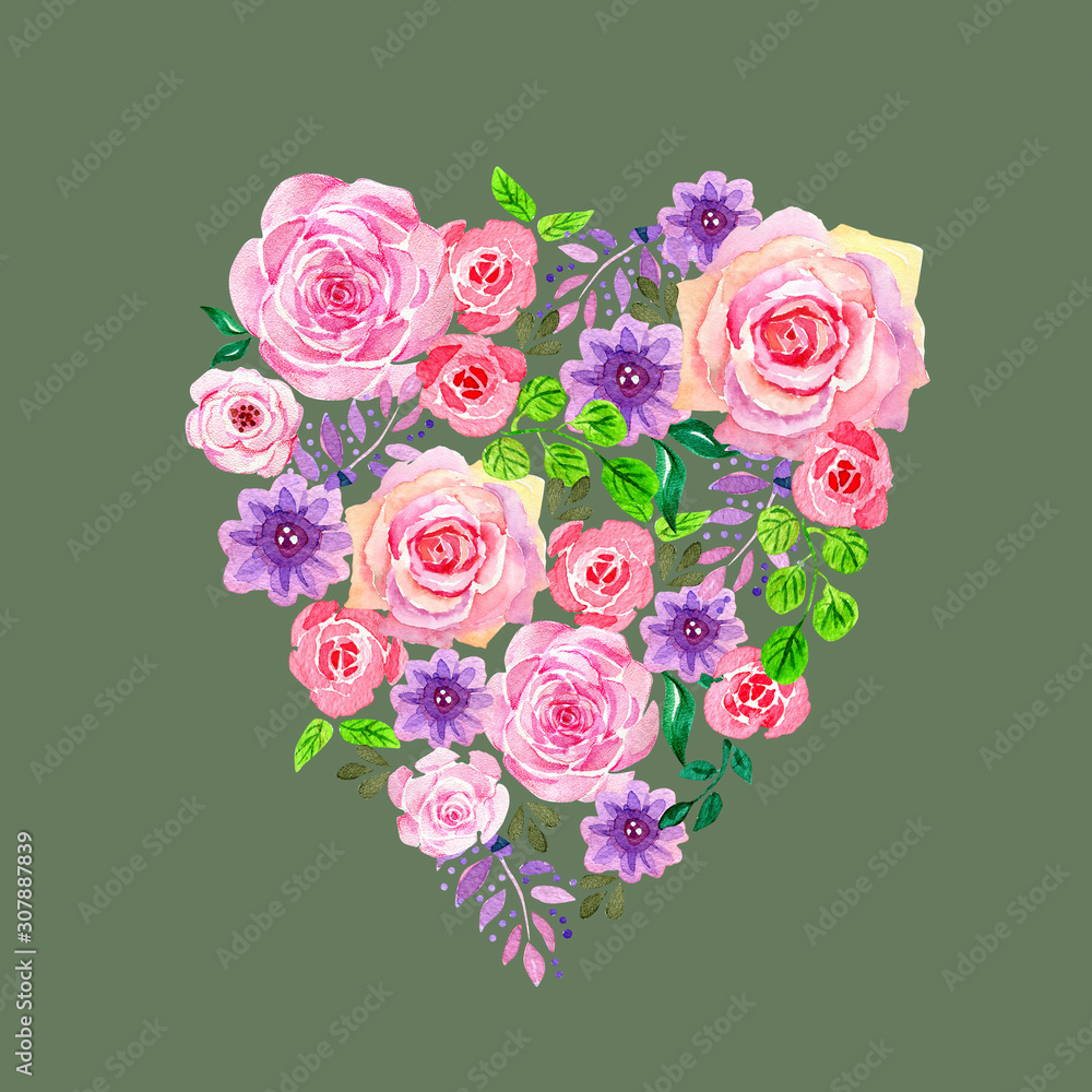 decorative heart of watercolor flowers. floral illustration, Leaf and buds. Botanic composition for wedding or greeting card. branch of flowers - abstraction roses