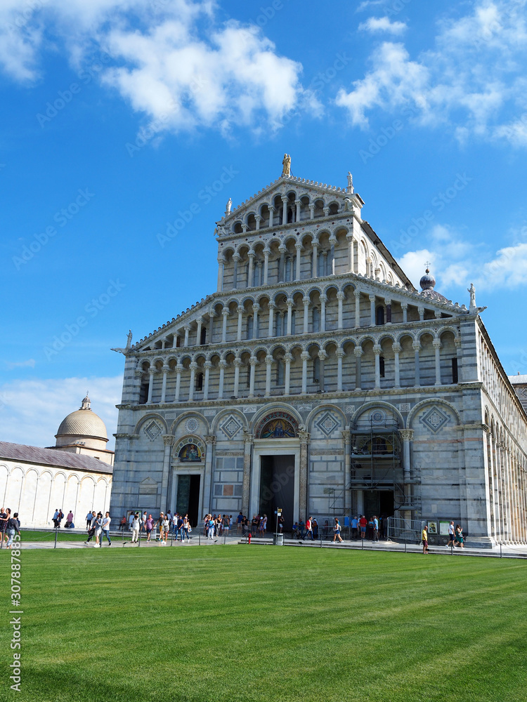 View of the Pisa Cathedral (Duomo di Pisa) in Pisa, Italy. It is located in Miracoli Square (Piazza dei Miracoli).