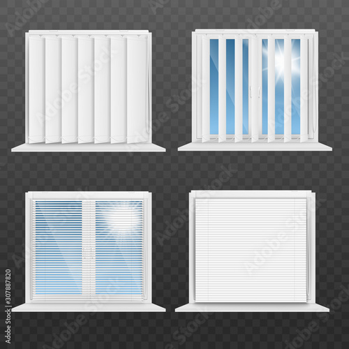 Window frames with white blinds realistic vector mockup illustration isolated.