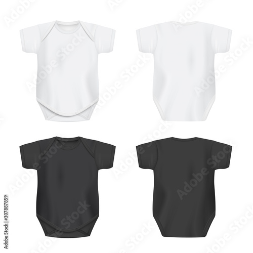 White and black blank baby bodysuit set realistic vector illustration isolated.