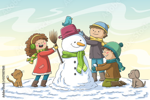 Three kids build a snowman. Hand drawn vector illustration with separate layers.