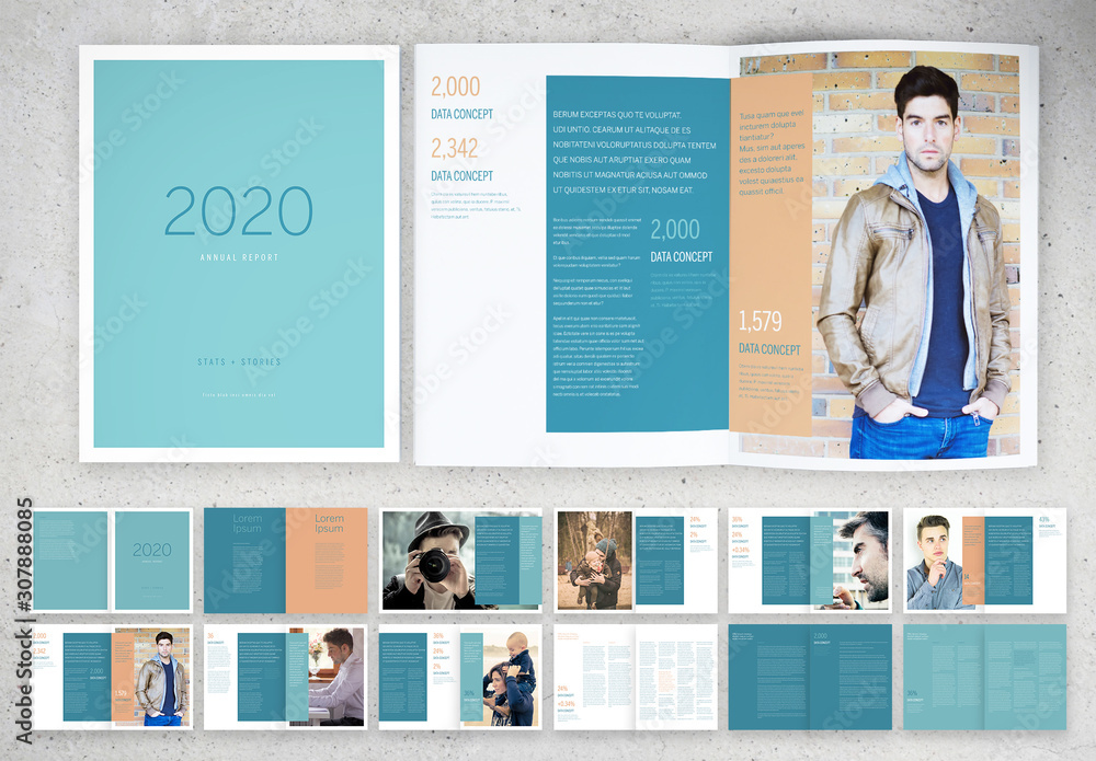 Annual Report Layout with Aqua and Coral Accents Stock Template | Adobe ...
