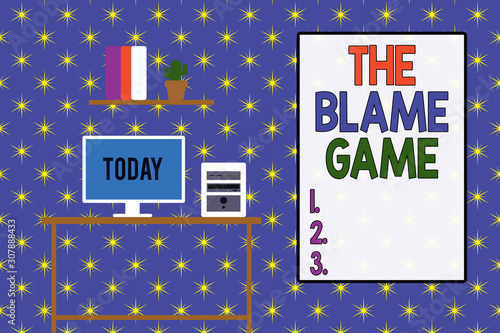 Word writing text The Blame Game. Business photo showcasing A situation when showing attempt to blame one another Desktop computer wooden table background shelf books flower pot ornaments photo