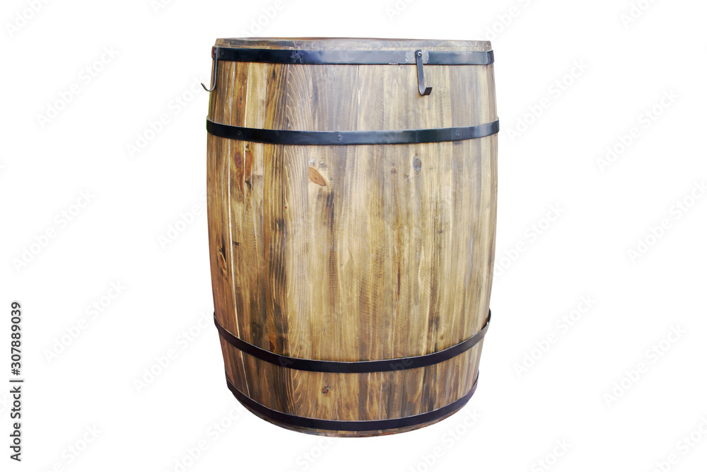 Wooden Barrel With Black Iron Straps Isolated on White Background with Clipping Path Wooden Barrel With Black Iron Straps Isolated on White Background with Clipping Path