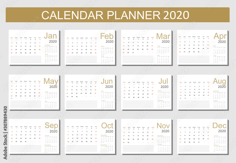 2020 Calendar Planner Design. Monthly scheduler. Week starts on Sunday. Set of 12 months. Vector illustrator. 2020 Calendar Planner Design. Monthly scheduler. Week starts on Sunday. Set of 12 months. Vector illustrator.