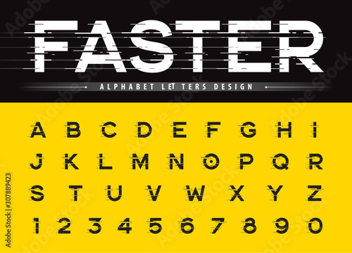 Vector of Glitch Modern Alphabet Letters and numbers, Grunge linear stylized rounded fonts