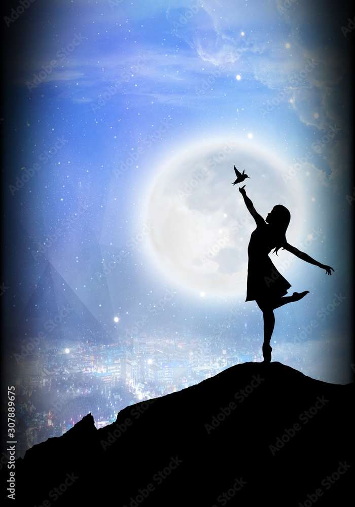 Free like a bird cartoon ballerina in the real world silhouette art photo manipulation Free like a bird cartoon ballerina in the real world silhouette art photo manipulation