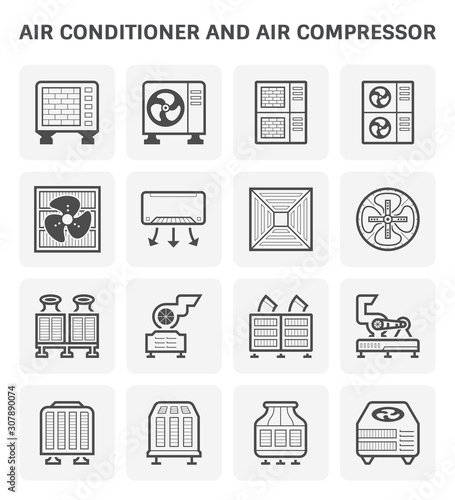 Air conditioner icon i.e. air compressor, condenser unit, ventilation, duct, cooling tower and chiller. That is a part of HVAC system to remove heat and moisture, temperature and humidity control.