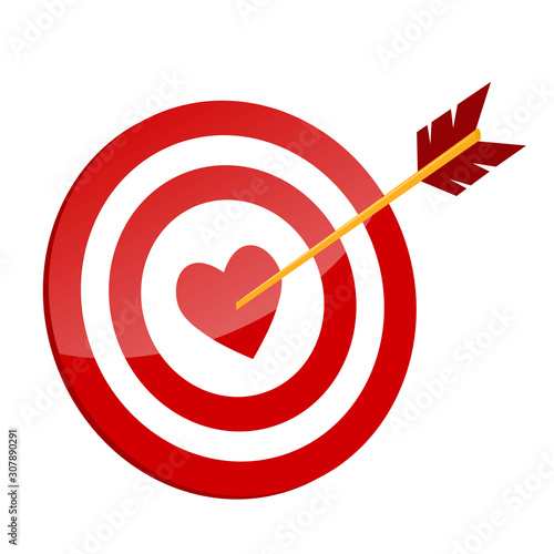 Red heart in target like aim with arrow for love design on white, stock vector illustration
