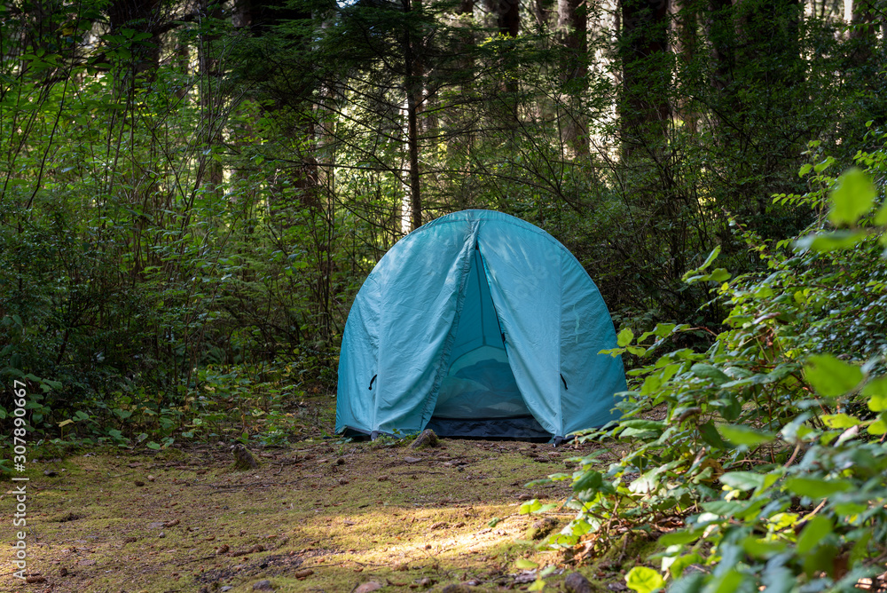 Camping in Humboldt County, California, USA, in a blue iglu tent