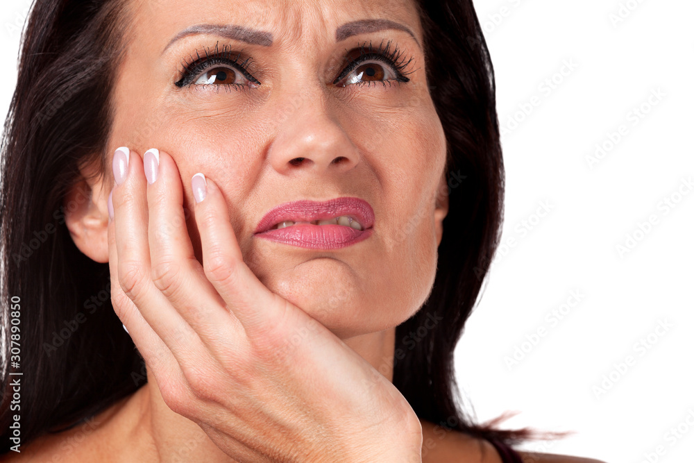 Beautiful woman suffering from toothache, closeup shot, white background. Beautiful woman suffering from toothache, closeup shot, white background.