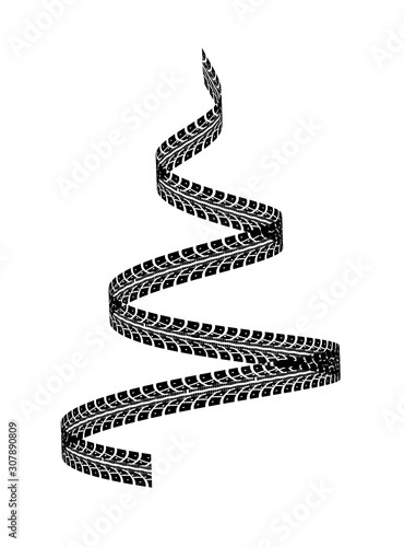 New Year tree made of tire tracks twisted in a spiral shape. Vector 3d illustration on a white background.