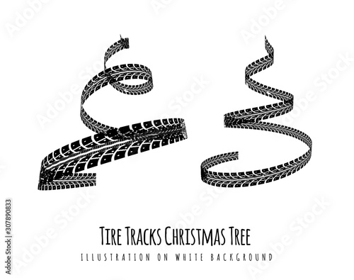 New Year tree made of tire tracks twisted in a spiral shape. Vector 3d illustration on a white background.