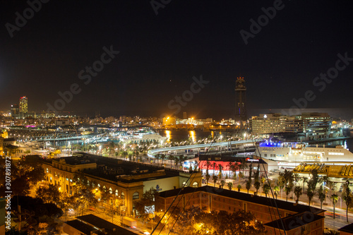 The lights of the port of Barcelona at night