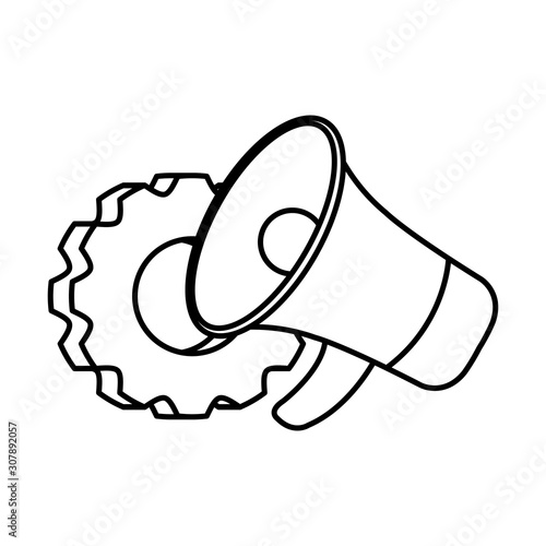 Megaphone and gear design, Amplifer speaker bullhorn announce speech message communication and sound theme Vector illustration