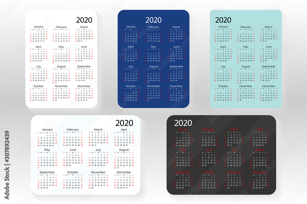 Horizontal and vertical set of vector pocket calendar 2020 year. Minimal business simple clean design. English grid, week starts from sunday. White black and classic blue colors Horizontal and vertical set of vector pocket calendar 2020 year. Minimal business simple clean design. English grid, week starts from sunday. White black and classic blue colors