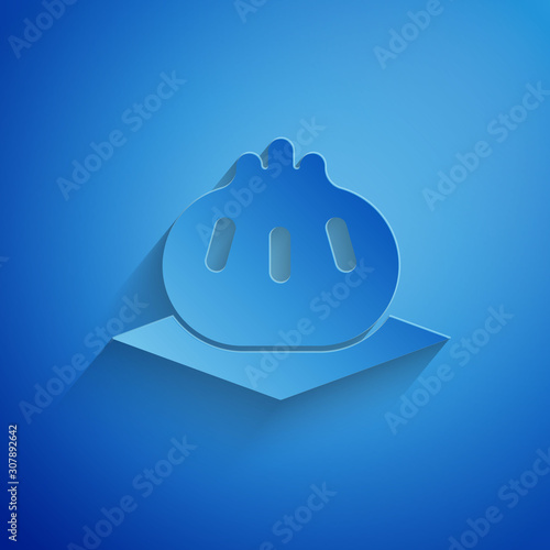 Paper cut Khinkali on cutting board icon isolated on blue background. Traditional georgian dumpling. Paper art style. Vector Illustration