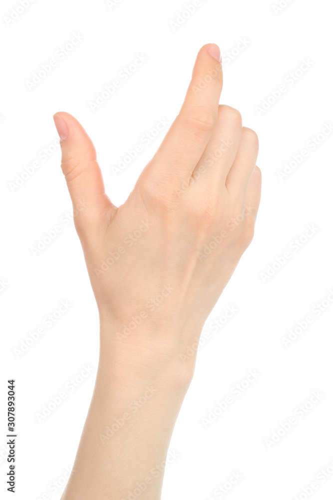 Woman hand with gesture like enlarging the picture on tablet PC screen Woman hand with gesture like enlarging the picture on tablet PC screen