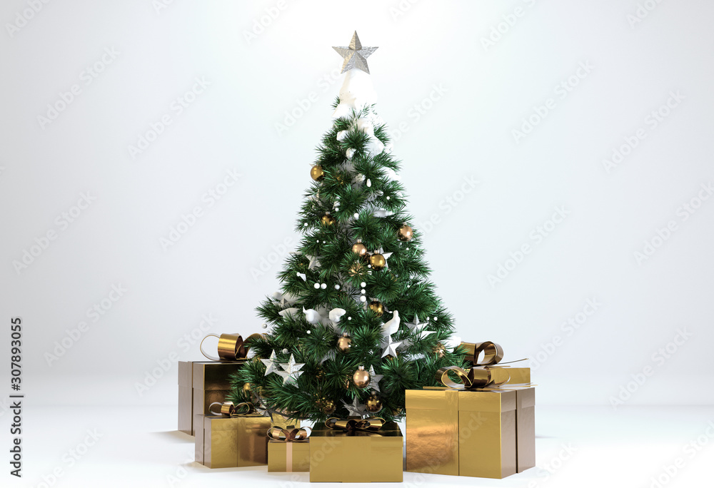 Beautiful Christmas tree with golden gifts and white background. 3D Illustration, 3D Rendering. Beautiful Christmas tree with golden gifts and white background. 3D Illustration, 3D Rendering.