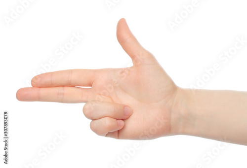 Woman hand on white background