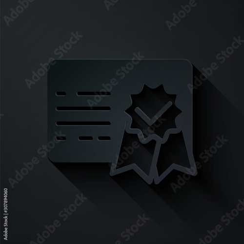 Paper cut Certificate template icon isolated on black background. Achievement, award, degree, grant, diploma. Business success certificate. Paper art style. Vector Illustration