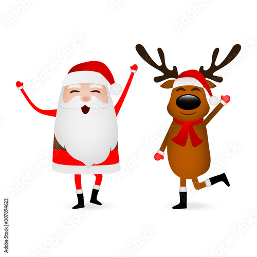 Cartoon funny santa claus and reindeer waving hands isolated on white