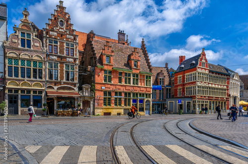 Old street in Ghent (Gent), Belgium. Architecture and landmark of Ghent. Cozy cityscape of Ghent.