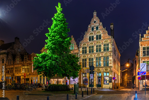 Old square in Ghent (Gent), Belgium. Architecture and landmark of Ghent. Night cityscape of Ghent.