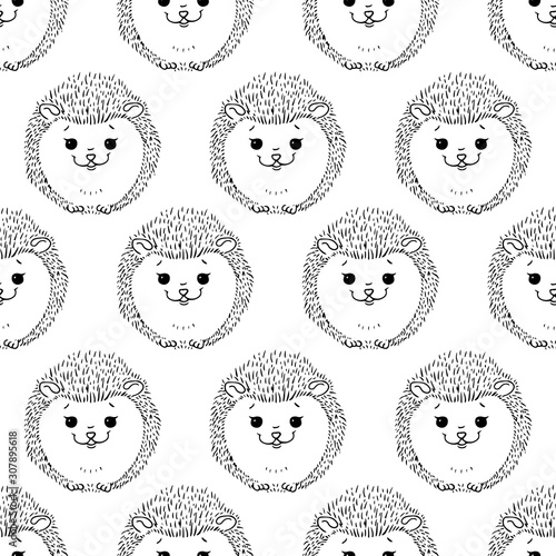 Hedgehogs seamless pattern. Vector illustration of children's background made of hedgehogs and apples seamless pattern. Background from cartoon hedgehogs and mushrooms children's seamless pattern.