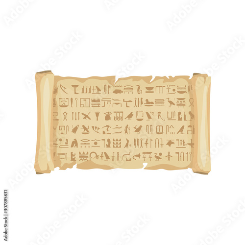 Egypt papyrus scroll cartoon vector with hieroglyphs Egyptian culture.