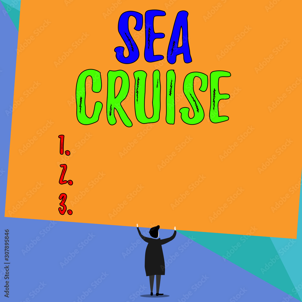 Conceptual hand writing showing Sea Cruise. Concept meaning a voyage on a  ship or boat taken for pleasure or as a vacation Short hair woman dress  hands up holding blank rectangle Illustration