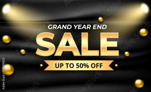 Grand year end sale banner template with 3d gold ball composition