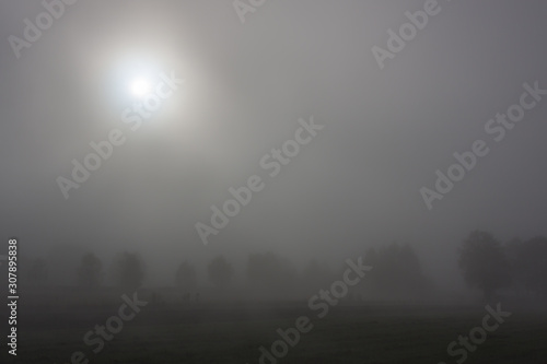 Autumn sunrise on a foggy morning