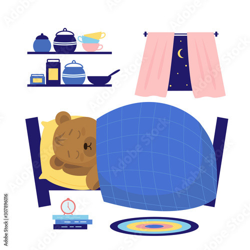 The internal situation in the den. Little bear sleeps on a cot in his room. Cute, funny cartoon character.