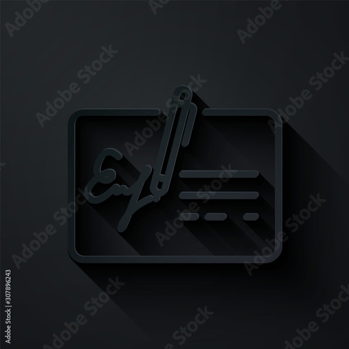 Paper cut Signed document line icon isolated on black background. Pen signing a contract with signature. Edit document sign. Paper art style. Vector Illustration