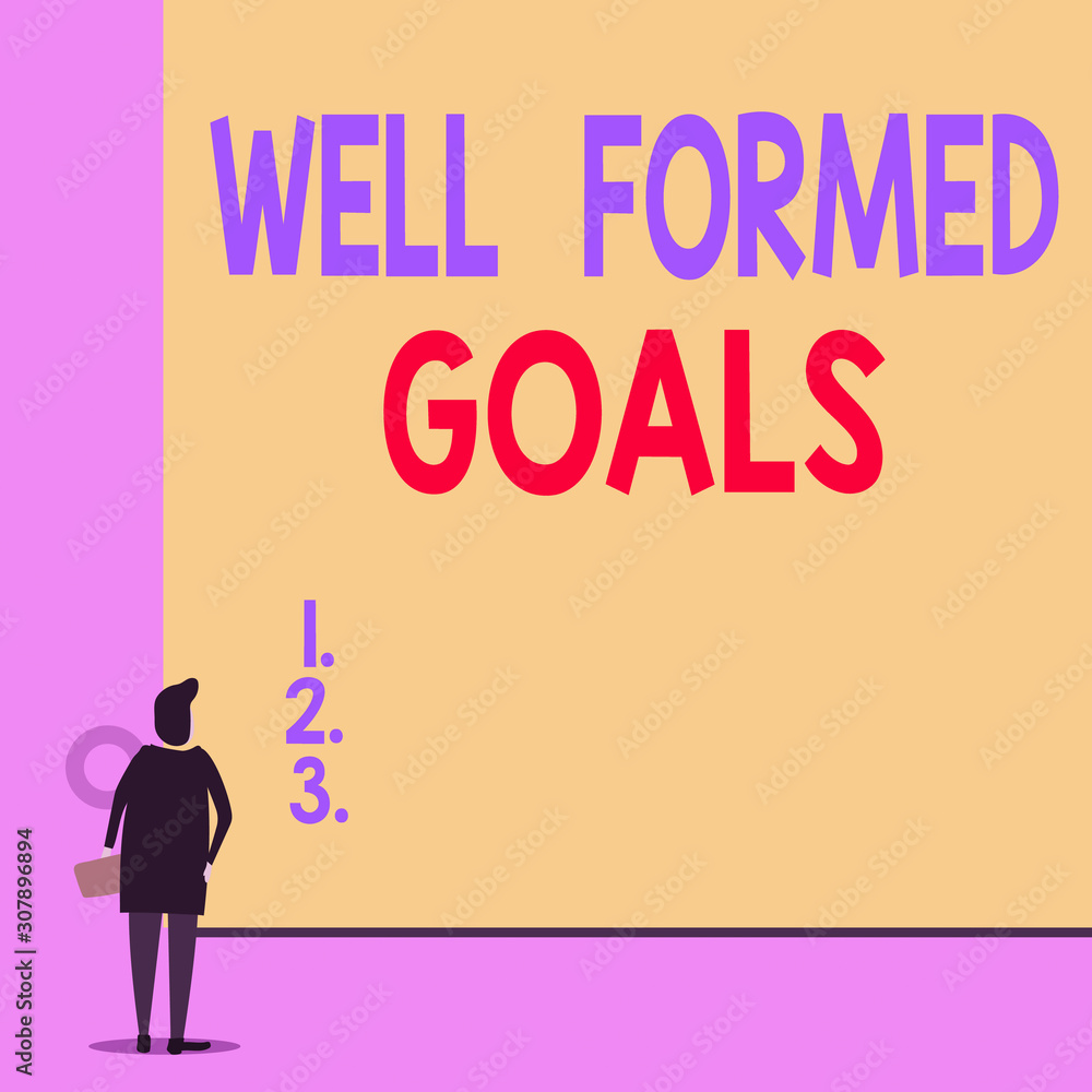 Text sign showing Well Formed Goals. Business photo showcasing Inner Coaching Straight forward objectives or target Back view young woman watching blank big rectangle. Geometrical background Text sign showing Well Formed Goals. Business photo showcasing Inner Coaching Straight forward objectives or target Back view young woman watching blank big rectangle. Geometrical background
