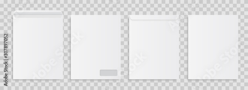 Layout of standard white envelopes front and back. Empty envelope layouts with transparent juice. Vector illustration of a blank white envelope on a gray background