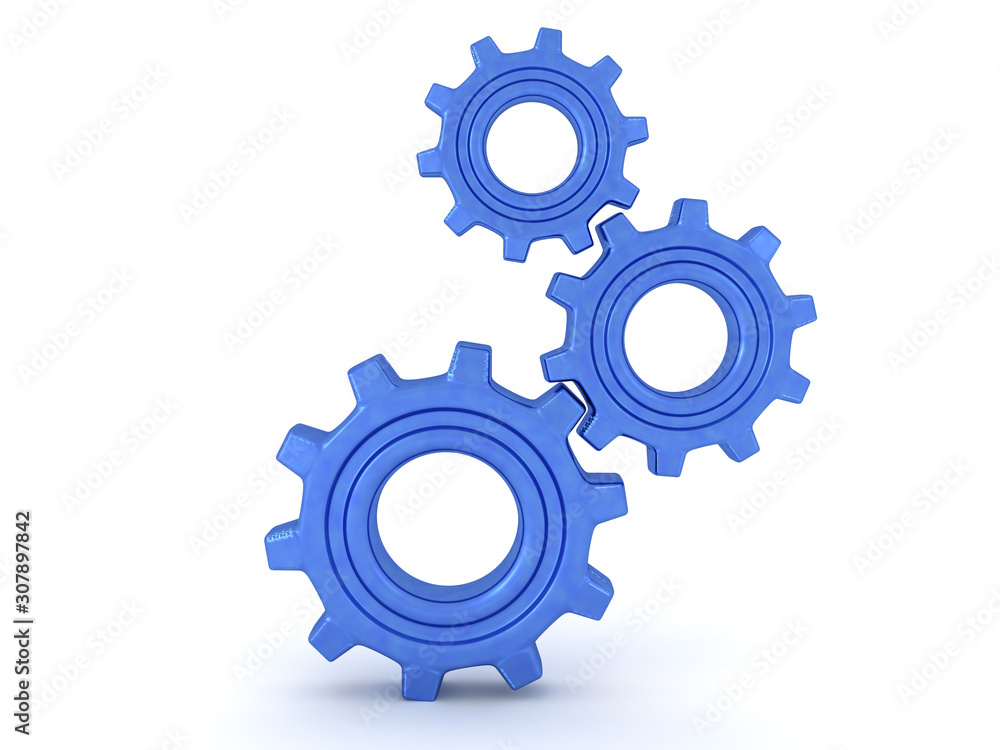 Three 3D different sized gears turning Three 3D different sized gears turning