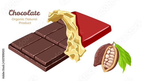 Bar of dark chocolate in red wrapper isolated on white background. Vector illustration of sweets in golden foil and cocoa beans in cartoon simple flat style.