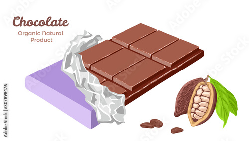 Milk chocolate in lilac wrapper Isolated on white background. Vector illustration of sweet dessert and cocoa beans in cartoon simple flat style.