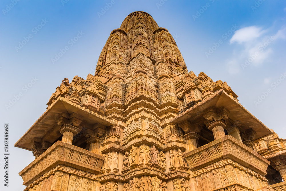 Decorated tower of the temple complex in Khajuraho, India