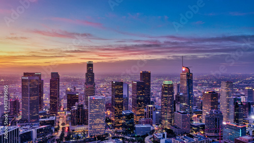 Downtown LA at sunrise aerial