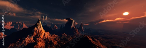 Mars, panorama of Mars, Martian landscape at sunset, alien landscape. 3d rendering.